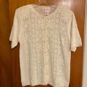 Jaclyn Smith Cardigan Crochet Floral Print Short Sleeve Top Size M